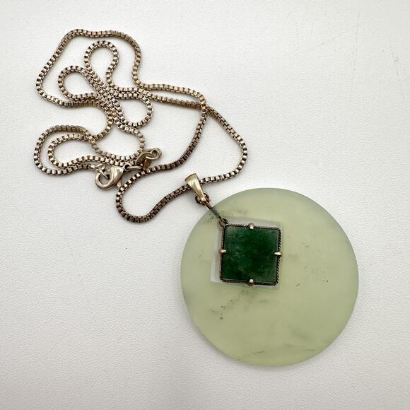 Vintage Modernist Silver Jade Pendant Necklace Mid Century Geometric - Picture 4 of 13